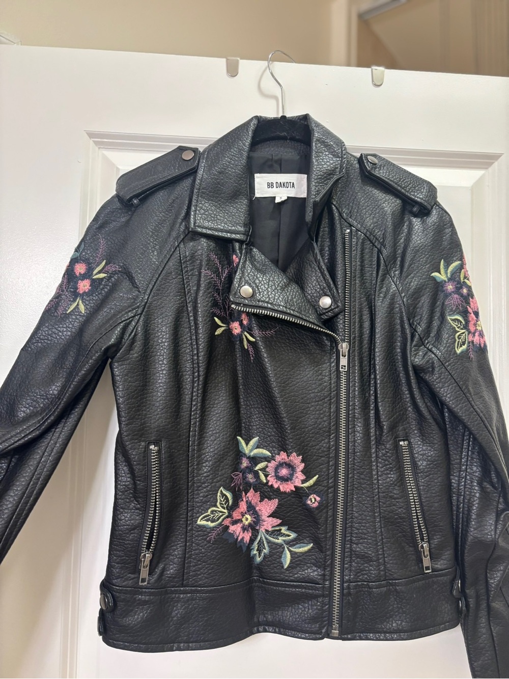 BB Dakota Black Faux Leather Moto Jacket with Pink & Green Floral Embroidery